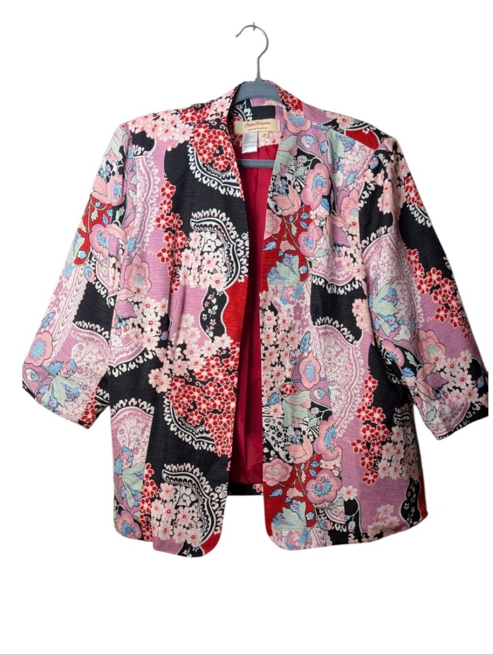 Norm Thompson Floral Paisley Open Front Jacket Pink Red Silk Blend Plus size 1X